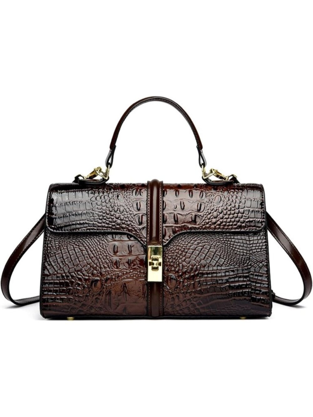 Women's Coffee Patent Faux Leather Satchel Crocodile Zipper Shoulder Bag